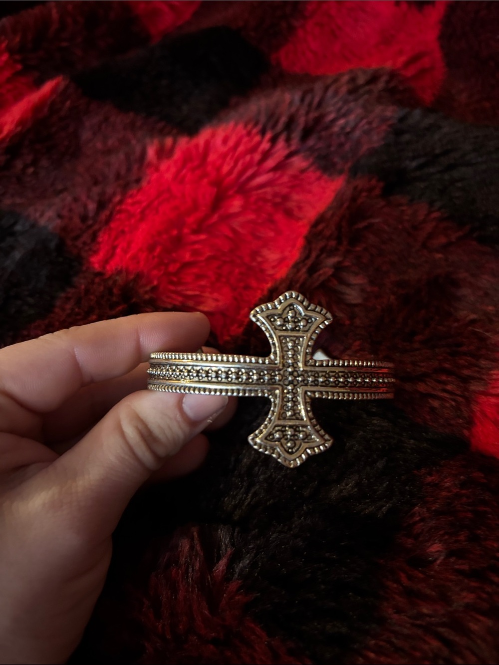 Beaded Cross Cuff Bracelet - Gold Tone